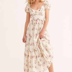 LoveShackFancy Cream Floral Maxi Dress with Pink Rose Print